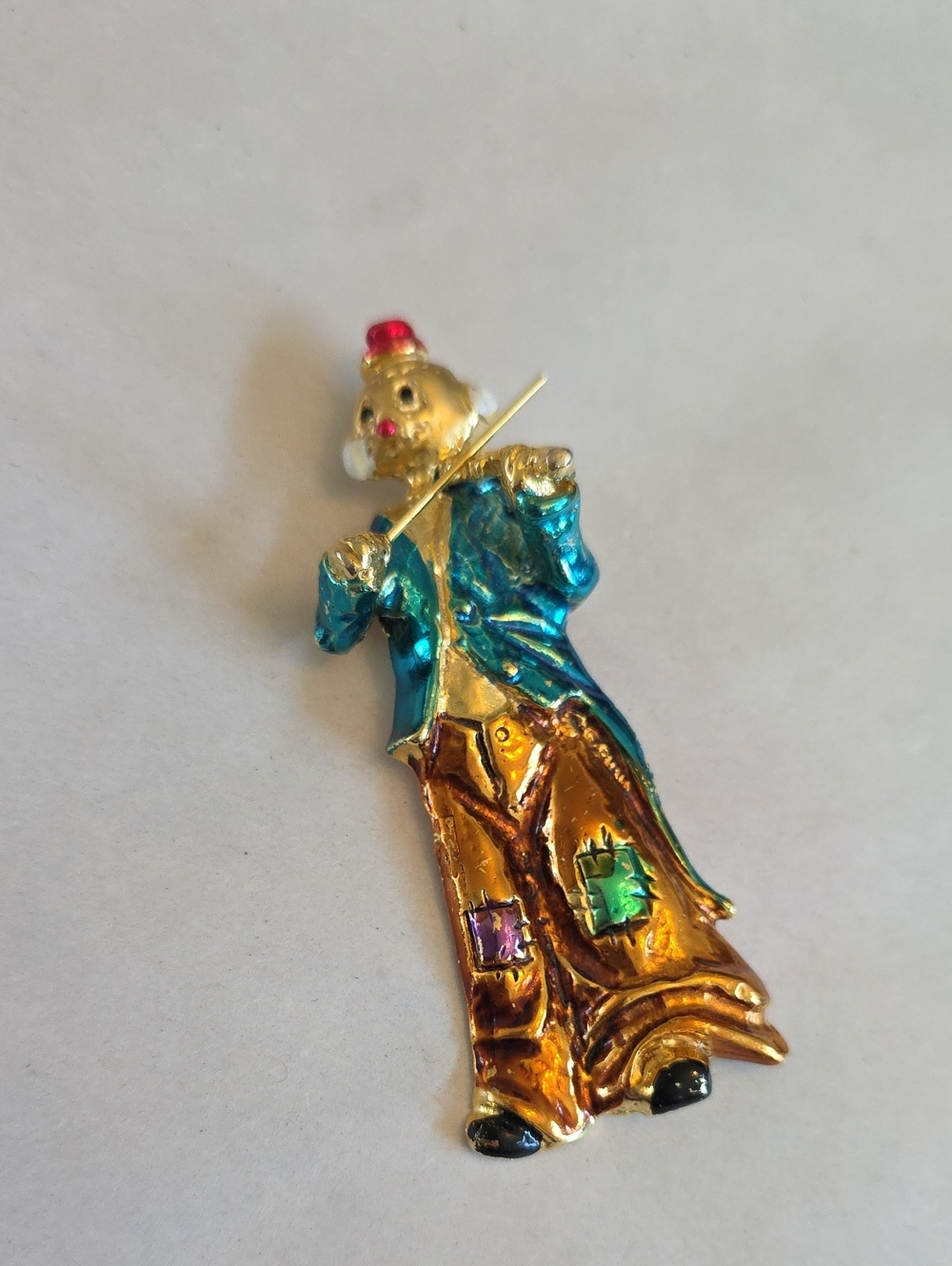 Elle Gold, Teal and Red Clown Violinist Brooch